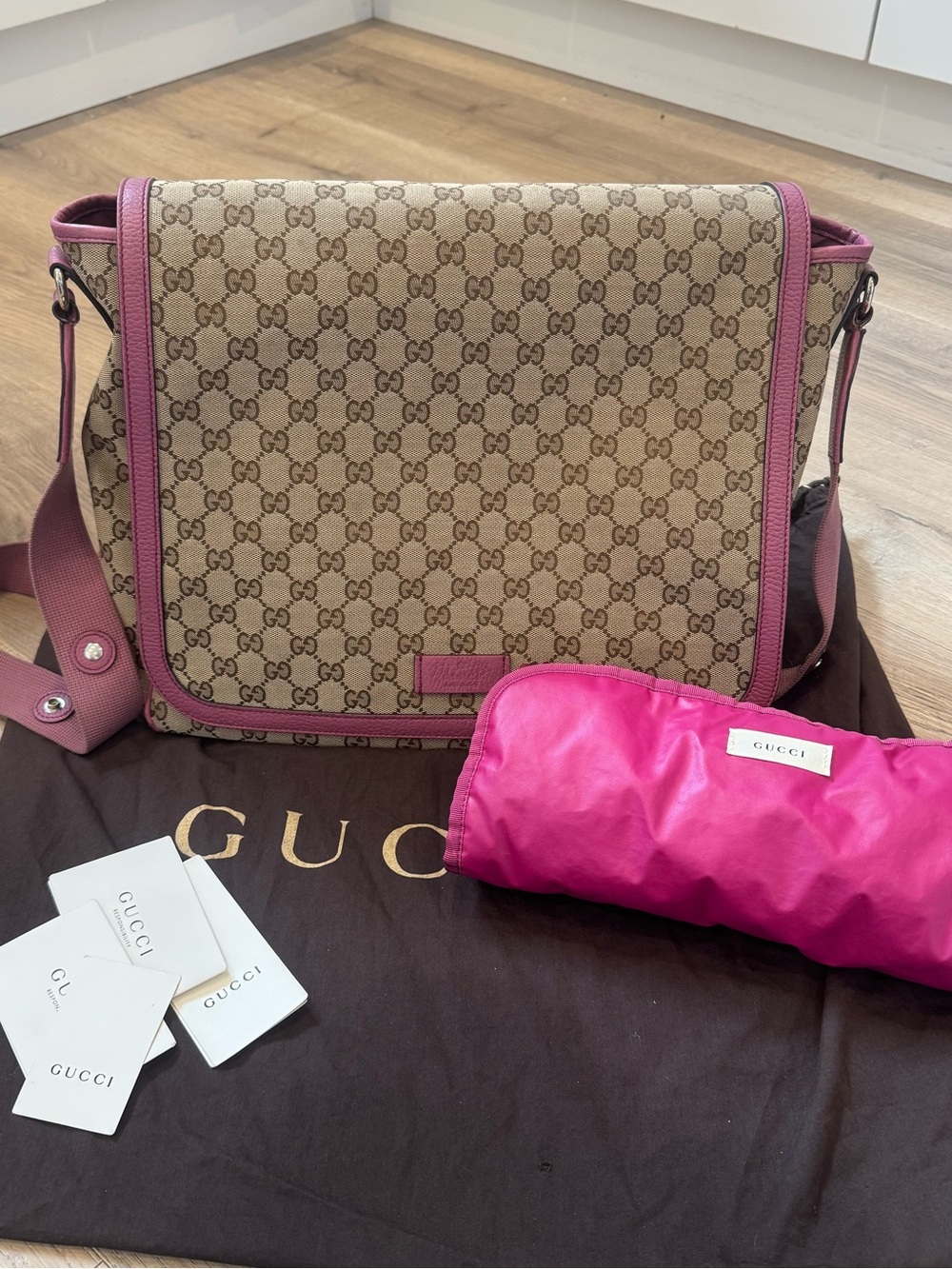 Gucci Beige GG Supreme Diaper Bag with Pink Trim